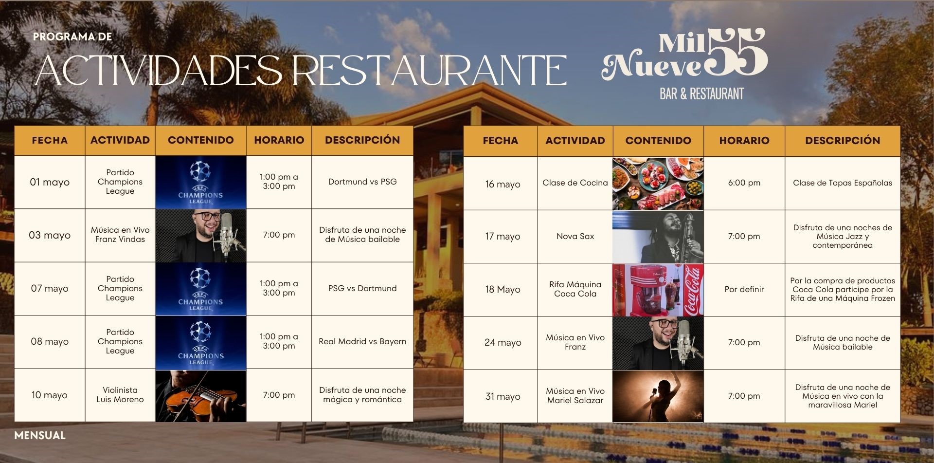 Calendario Actividades Restaurante